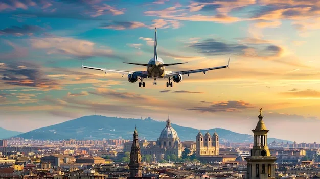 An airplane landing over a beautiful cityscape at sunset | Premium  AI-generated image